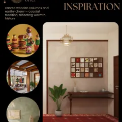 The design was inspired by the client's brief for a home reflecting coastal traditions with carved wooden columns and an earthy charm. This collage shows some of the key inspirations, from Channapatna toys to traditional architectural forms.