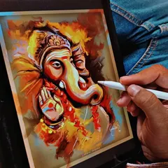 A behind-the-scenes look at my digital painting process. Here you can see my expressive Ganesha portrait coming to life on my tablet, showcasing the tools I use to create my art.