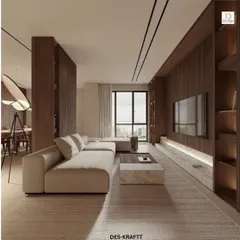This wide shot captures the full length of the warm minimalist living room, showcasing the custom wood-paneled entertainment wall and integrated bookshelves that provide both style and storage.