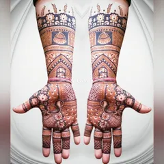 A stylized photo of the full bridal arm design, emphasizing the complexity and beauty of the patterns.