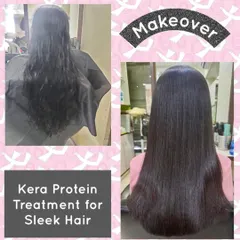 This before and after showcases our Kera-Protein treatment. We targeted dry, frizzy hair and infused it with protein to restore its strength and create this beautiful, sleek finish. It's a fantastic solution for repairing and smoothing damaged hair.
