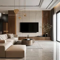 A stunning living room concept with a modern entertainment unit, showcasing the high-quality 3D visualizations I provide to clients.