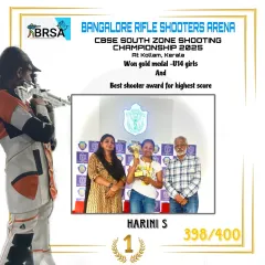 Results speak for themselves. Harini S achieved an outstanding 398/400 score, winning gold and the Best Shooter award at the CBSE South Zone Championship. This is the level of excellence we strive for with all our athletes.