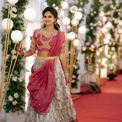 Here is one of my happy clients looking absolutely radiant in a custom Langa Dhawani. This traditional South Indian half-saree is perfect for engagements and other significant ceremonies.