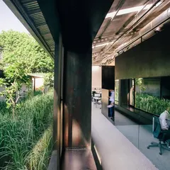 A courtyard filled with lemon grass and champa trees is nestled within the ATE adaptive-reuse project in Pune. This sensory garden offers a fragrant, natural retreat for employees, visible from the surrounding workspaces.