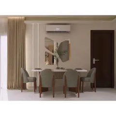 A direct view of the sleek dining set. The wooden base of the table and the legs of the chairs add warmth to the space, while the abstract wall mirrors make the area feel larger.