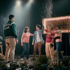 Capturing the energy of college life was key for this Casio ad. I styled the cast in relatable, contemporary outfits, including this classic varsity jacket, to create an authentic performing arts festival scene that connects with a youthful audience.