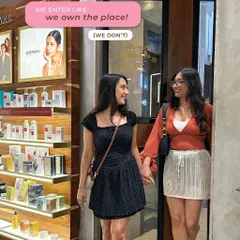 Two friends arriving hand-in-hand for their pamper session. A salon visit is always better with your favorite person to share the experience with.