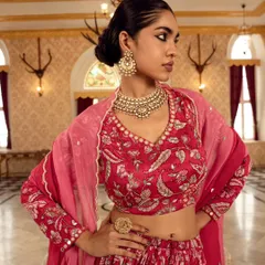 A close-up on a vibrant pink lehenga, focusing on the detailed embroidery of the blouse and the exquisite jewelry. This type of shot is crucial for highlighting product craftsmanship in a campaign.