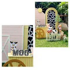 Details from the farm-themed party, including a 'MOO' sign in cow-print letters and a friendly cow prop.