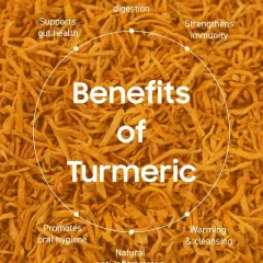 This image highlights the many benefits of turmeric. It's a natural anti-inflammatory, supports gut health, boosts immunity, and provides a warming, cleansing effect, all packed into my turmeric crisps.