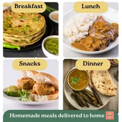 Our snack offerings, like this delicious Vada Pav, are perfect for a quick and satisfying bite. This collage shows how we cater to all meal times, including your evening snack cravings.