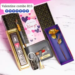 A beautifully boxed Valentine's hamper for him, containing a personalized wallet, "I LOVE YOU" chocolates, a golden rose, a pen, a message bottle, and a keychain.