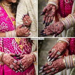 A collage showing the beautiful, dark henna stain from different angles. The personalized 'HE' and 'SHE' initials stand out clearly, making the design even more special.