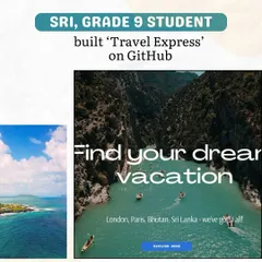 The homepage of the 'Travel Express' website, designed and built by one of my Grade 9 students. The site allows users to explore dream vacation spots, showcasing her skills in creating a visually engaging user interface with HTML and CSS.