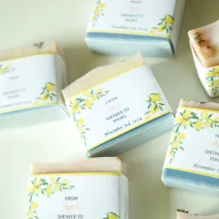These Amalfi-inspired soap wraps were created for a bridal shower. The soaps are scented with lavender and patchouli, and the labels feature iconic Italian lemon motifs for a fresh, fun touch.