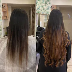 From straight and fine to a cascade of rich, wavy locks. This transformation adds both dramatic length and a beautiful balayage color effect.