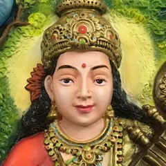The quality of our work is in the details. This close-up of the Saraswati mural showcases the careful painting of the facial features and traditional attire, reflecting our commitment to creating respectful and artistic representations of deities.