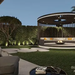 For this project, we designed a unique circular gazebo with built-in seating and a central fire pit, creating a cozy and modern focal point for the garden. The surrounding landscape features ambient lighting and manicured greenery, perfect for evening gatherings.