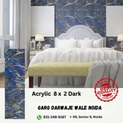 This is a digital mockup showing how our 8x2 dark acrylic panel with a blue marble finish can be used to create a dramatic and elegant accent wall in a bedroom.