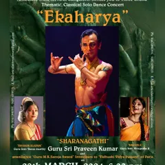 The announcement for my solo performance 'Sharanagathi' as part of the 'Ekaharya' series. It is an honor to be invited to perform at such respected festivals.