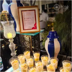 Our Rasmalai Cheesecake is a delightful fusion dessert. Served in individual glasses, it combines the creamy texture of cheesecake with the delicate, saffron-infused flavor of the classic Indian sweet.