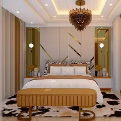 Another angle of the master bedroom design, this render helps visualize the lighting and overall ambiance. You can see the false ceiling with cove lighting and the placement of wall sconces for a warm, inviting glow.