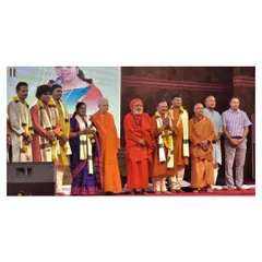 Being felicitated on stage with other artists and spiritual leaders at the 'Ekātm Parv' in Omkareshwar.