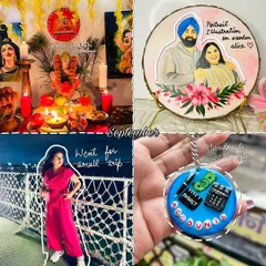 A glimpse into my September, featuring a custom portrait illustration on a wooden slice and a handmade keychain for an accountant. It also includes moments from Ganesh Chaturthi celebrations and a small trip.