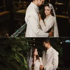 The serene elegance of a Muslim wedding ceremony (Nikah). This couple, dressed in stunning white outfits, shares a series of intimate moments that reflect the grace and beauty of their union.