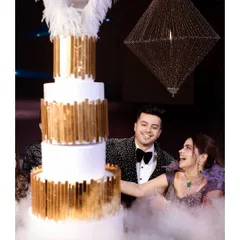 A joyous cake cutting moment for Lakshay and Surbhi, surrounded by theatrical smoke. We focus on capturing the fun and celebratory highlights of your reception party.