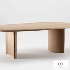 This minimalist dining table, with its clean lines and curved wooden legs, is an example of our custom furniture design. It's crafted with a beautiful veneer finish for a look that is both modern and timeless.