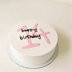 A trendy and minimalist Korean-style cake for a 14th birthday. The clean white frosting and simple pink brushstroke lettering create a chic and understated look.