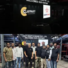 A group photo of our team with our partners from Claypaky. These collaborations are key to our commitment to providing the best technology and expertise.