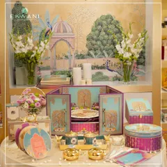 Here is a complete view of the Tree of Life collection, a vibrant suite designed to celebrate new beginnings. It includes the central hamper, coordinated gift boxes, stationery, and artisanal jars, all tied together with motifs of peacocks and elephants for a cohesive and meaningful story.