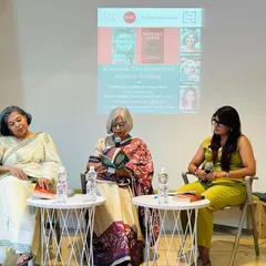 A moment from our "Mystery of Mystery Writing" panel, where author Sutapa Basu is reading an excerpt from her book. Live readings are a powerful way to draw the audience into the story.