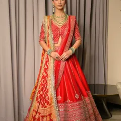 A full-length view of the bride in her red lehenga. The makeup provides a fresh, radiant complexion that balances the vibrant colors and intricate details of her traditional wedding attire.