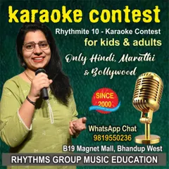 Our Karaoke Contest is a hit with both kids and adults. This poster gives details about our Rhythmite10 contest, focusing on popular Hindi, Marathi, and Bollywood music.