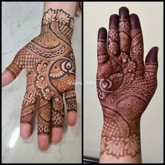 A before and after look at the henna stain. The left shows the fresh paste, and the right shows the beautiful dark stain on the first day.