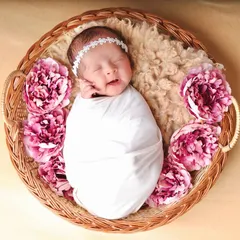 A precious newborn swaddled in pure white, sleeping peacefully in a rustic wicker basket surrounded by beautiful pink peonies. This is a classic, clean, and heartwarming portrait.