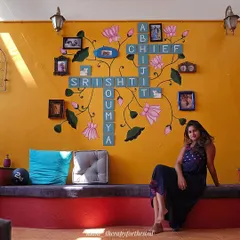 A full view of the custom Scrabble wall art, a unique fusion of a modern game with traditional Pichwai painting.