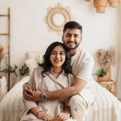 A beautiful portrait of a couple in the boho-chic studio before their baby joins in for the family shots.