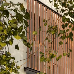 A detail shot showing the interplay between the building's new facade and the surrounding nature. The vertical metal louvers provide privacy and sun shading while adding a layer of textural richness.