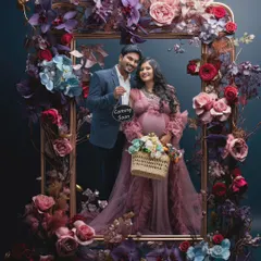 Another stunning floral frame concept, this time with deep, moody purples and reds. It creates a rich, dramatic, and passionate portrait, perfectly celebrating the couple's love story.