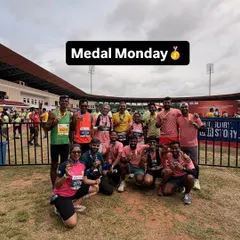 Medal Monday! The whole team proudly showing off their finisher medals. Every race is a collective victory for the Road To Trail Club.