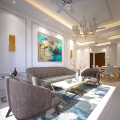 In this living room, I blended classic architectural details with modern furnishings. The walls feature traditional POP mouldings, which are complemented by contemporary abstract art, sleek furniture, and modern gold light fixtures.