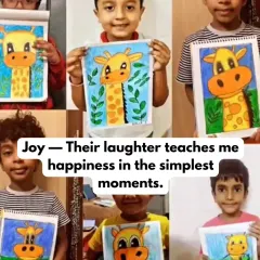 The pure joy on their faces is my greatest reward. This collage shows several students from an online class, each proudly holding their unique giraffe painting, all created with bright smiles.