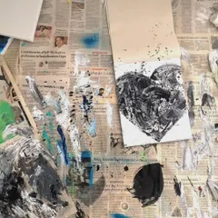 The creative process can be messy, just like life. This black and white heart painting was born from a moment of reflection on taking responsibility and finding the shades of grey in every situation.