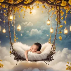 A dreamy portrait of a baby sleeping in a nest swing under a magical tree. These AI-enhanced backgrounds allow us to create breathtaking, storybook scenes in the comfort of my studio.
