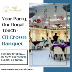 Your party gets our royal touch. This photo shows our hall during an event, with guests seated comfortably. The hanging decor and spacious layout demonstrate how we manage both aesthetics and guest comfort.